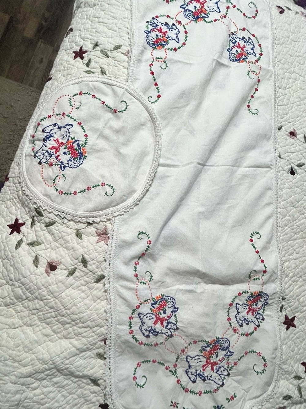 Vintage White Embroidered Floral Table Runner with Multicolor Accents
